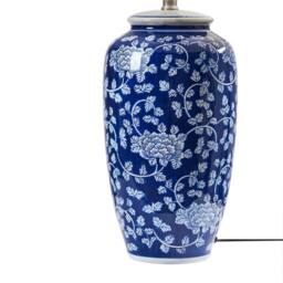 Wyld and Coco Blue and White Porcelain Table Lamp Hand Painted Floral Base Linen - thumbnail 6