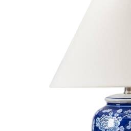 Wyld and Coco Blue and White Porcelain Table Lamp Hand Painted Floral Base Linen - thumbnail 5