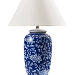 Wyld and Coco Blue and White Porcelain Table Lamp Hand Painted Floral Base Linen - thumbnail 2