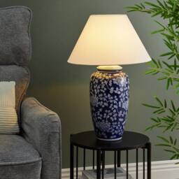 Wyld and Coco Blue and White Porcelain Table Lamp Hand Painted Floral Base Linen