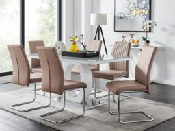 FurnitureboxUK Giovani 6-Seater Grey Glass Dining Table & 6 Lorenzo Faux Leather Dining Chairs in Beige