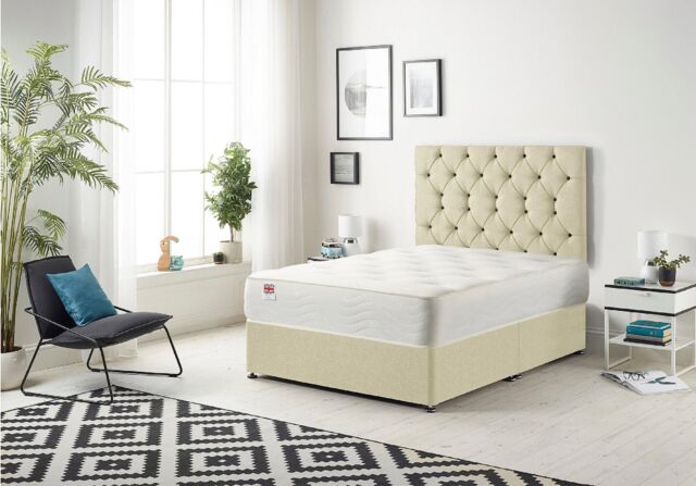 Somnior Premier Divan Bed with 24Cm Deep Mattress & Headboard In Linen Fabric in Cream - Size: Small Single - image 1