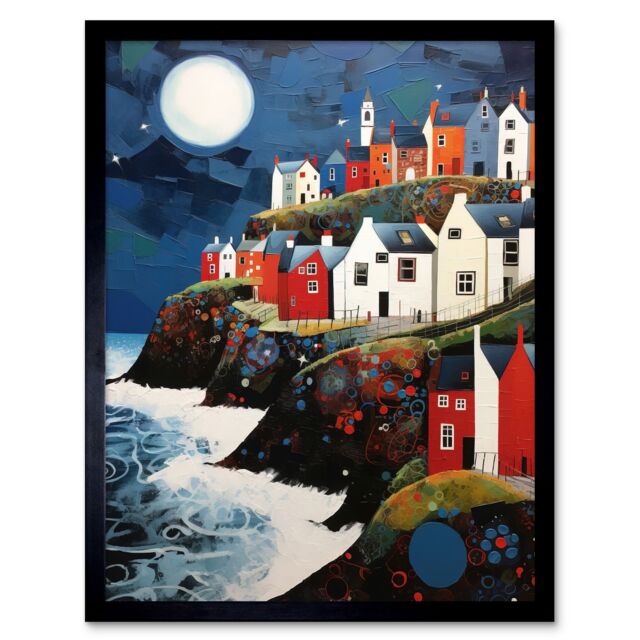 Artery8 Wall Art Print Seaside Village Houses on Cliff Folk Art Oil Painting Bathroom Artwork Full Moon Night Waves Coastal Landscape Art Framed - image 1