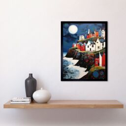 Artery8 Wall Art Print Seaside Village Houses on Cliff Folk Art Oil Painting Bathroom Artwork Full Moon Night Waves Coastal Landscape Art Framed - thumbnail 2