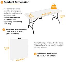 Novecrafto 6ft Folding Table - Sturdy Steel Frame Trestle Table, Powder Coated Foldable Table - Camping Table for 6 Person (180x70cm) - thumbnail 4