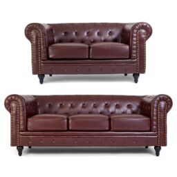Bravich LTD Chesterfield Faux Leather Button-Tufted 3-Seater Sofa in Brown - Size: 3 Seater - thumbnail 8