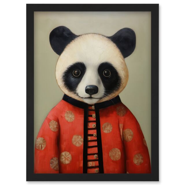 Artery8 Wall Art Print Panda Cub in Chinese Uniform Fun Kids Bedroom Artwork Framed A4 in Black - image 1