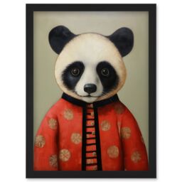 Artery8 Wall Art Print Panda Cub in Chinese Uniform Fun Kids Bedroom Artwork Framed A4 in Black - thumbnail 1