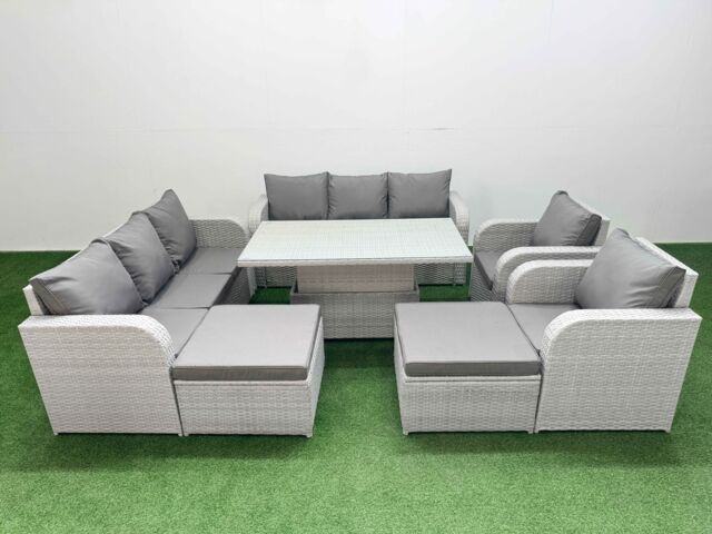 Fimous PE Rattan High Back Lounge Sofa Set Patio Adjustable Lifting Dining or Coffee Table & Chairs Set w/ 3 Seater Sofa Reclining Chair 2 Big - image 1