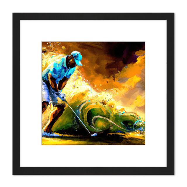 Artery8 Abstract Golfing Golf Course Green Golfer Swing Sport Colourful Yellow Painting Square Wooden Framed Wall Art Print Picture 8X8 Inch in Black - image 1