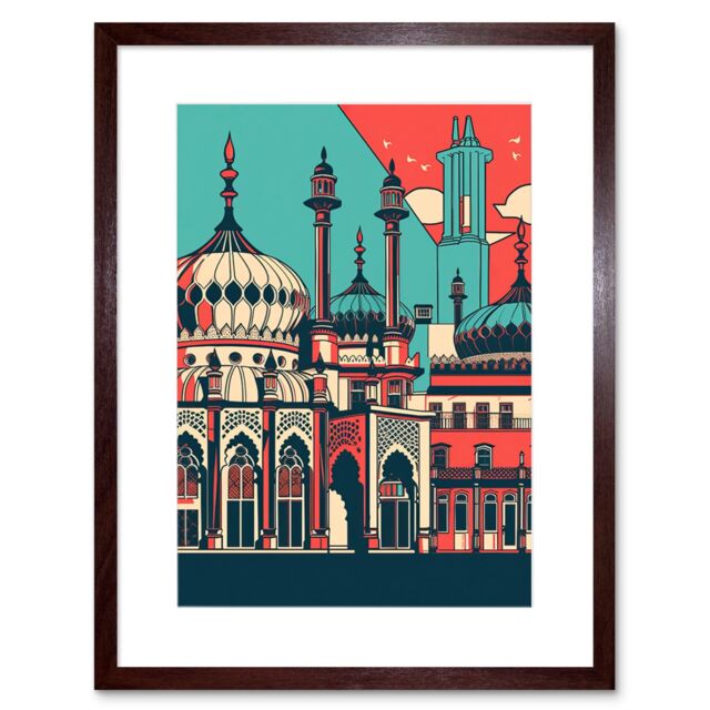 "Artery8 Wall Art Print Brighton's Royal Pavilion in Ivory Blue & Red Artwork Framed 9X7 Inch in Brown - Size: W7"" x H9""" - image 1