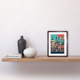 "Artery8 Wall Art Print Brighton's Royal Pavilion in Ivory Blue & Red Artwork Framed 9X7 Inch in Brown - Size: W7"" x H9""" - thumbnail 2