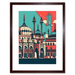 "Artery8 Wall Art Print Brighton's Royal Pavilion in Ivory Blue & Red Artwork Framed 9X7 Inch in Brown - Size: W7"" x H9""" - thumbnail 1
