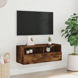 Berkfield Home TV Wall Cabinet Smoked Oak 80x30x30 cm Engineered Wood in Brown - Size: 80 x 30 x 30 cm - thumbnail 3