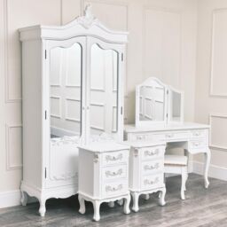 Melody Maison Large Double Wardrobe, Dressing Table Set & Pair Of 3 Drawer Bedside Tables - Pays Blanc Range in White - thumbnail 1