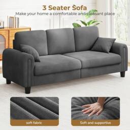 Dprodo Waffle Fabric Upholstered 3 Seater Sofa in Grey - Size: 2 Pack - thumbnail 2
