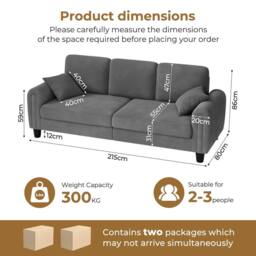 Dprodo Waffle Fabric Upholstered 3 Seater Sofa in Grey - Size: 2 Pack - thumbnail 4