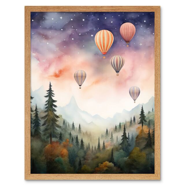 Artery8 Wall Art Print Hot Air Balloons Over Misty Forest Landscape Watercolour Painting Orange Green Purple Dreamy Dusk Sky Stars Kids Bedroom Art - image 1
