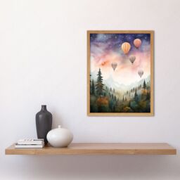 Artery8 Wall Art Print Hot Air Balloons Over Misty Forest Landscape Watercolour Painting Orange Green Purple Dreamy Dusk Sky Stars Kids Bedroom Art - thumbnail 2