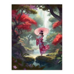 Artery8 Wall Art Print Geisha Dancing w/ Umbrella By Cherry Blossom Trees Painting Traditional Pink Floral Kimono Dance in Tranquil Japan Forest - thumbnail 1