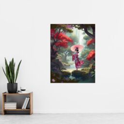 Artery8 Wall Art Print Geisha Dancing w/ Umbrella By Cherry Blossom Trees Painting Traditional Pink Floral Kimono Dance in Tranquil Japan Forest - thumbnail 4