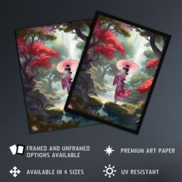 Artery8 Wall Art Print Geisha Dancing w/ Umbrella By Cherry Blossom Trees Painting Traditional Pink Floral Kimono Dance in Tranquil Japan Forest - thumbnail 2