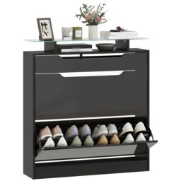 HOMCOM Shoe Cabinet with 3 Drawers, High Gloss Front Panels, Glass Top Black - thumbnail 2