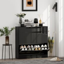 HOMCOM Shoe Cabinet with 3 Drawers, High Gloss Front Panels, Glass Top Black - thumbnail 1