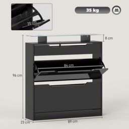 HOMCOM Shoe Cabinet with 3 Drawers, High Gloss Front Panels, Glass Top Black - thumbnail 3