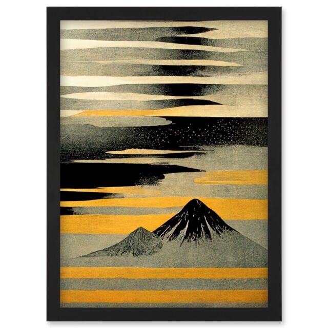 Artery8 Modern Simple Mount Fuji Painting in Silver Grey Black Gold Artwork Framed Wall Art Print A4 - image 1