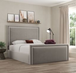 DS Living Verona Pipping Upholstered Plush Pebble Bed with Ottoman Gas Lift in Light Grey - Size: Super King - thumbnail 1