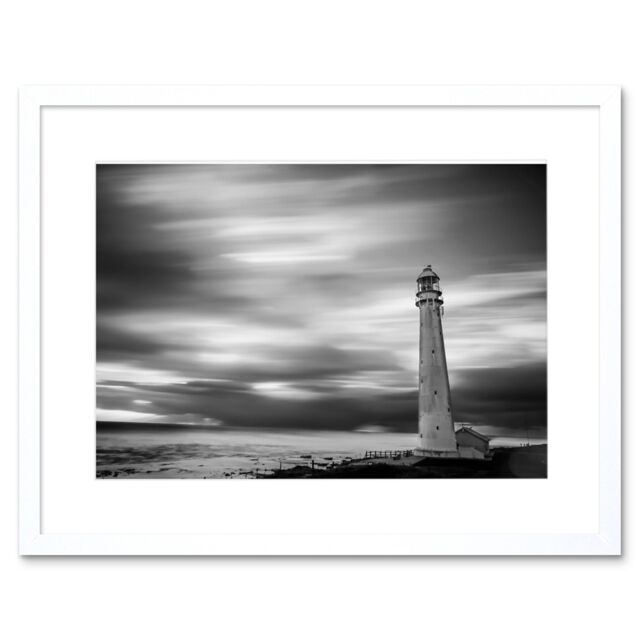 "Artery8 Wall Art Print Roulstone Slangkoppunt Lighthouse Seascape Framed in White - Size: W7"" x H9""" - image 1