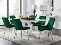 FurnitureboxUK Giovani 6-Seater Grey Glass Dining Table & 6 Pesaro Soft Velvet Dining Chairs in Green