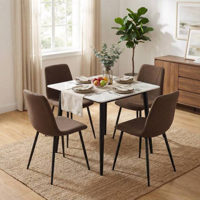 FWStyle 5PC Cream Marble Effect Square Dining Table & Dark Brown Chairs Set - image 1