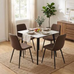 FWStyle 5PC Cream Marble Effect Square Dining Table & Dark Brown Chairs Set