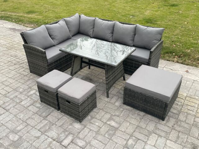 Fimous Wicker Rattan Garden Furniture Corner Sofa Set with Oblong Dining Table 9 Seater Outdoor Rattan Set in Dark Grey - image 1