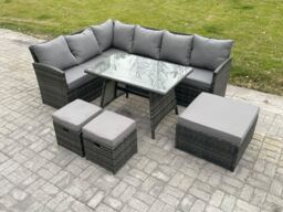 Fimous Wicker Rattan Garden Furniture Corner Sofa Set with Oblong Dining Table 9 Seater Outdoor Rattan Set in Dark Grey - thumbnail 1