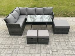 Fimous Wicker Rattan Garden Furniture Corner Sofa Set with Oblong Dining Table 9 Seater Outdoor Rattan Set in Dark Grey - thumbnail 2