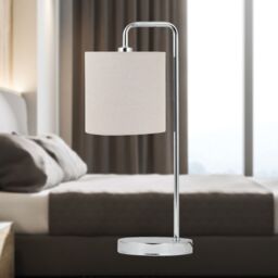 First Choice Lighting Chrome Arched Table Lamp with Natural Linen Shade in Silver - thumbnail 4