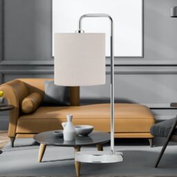 First Choice Lighting Chrome Arched Table Lamp with Natural Linen Shade in Silver - thumbnail 3