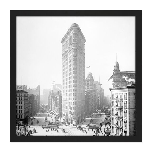 "Artery8 Wall Art Print New York Flat Iron Building Vintage Photo Square Framed Picture 16X16 Inch in Black - Size: W16"" x H16""" - image 1