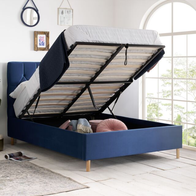 Birlea Velvet Fabric Ottoman Bed Frame Storage Loxley in Blue - Size: Double - image 1