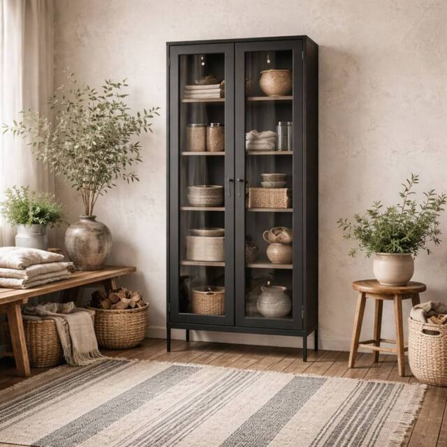 Wyld Haus Barla Black Steel Display Cabinet 2 Glass Doors - image 1