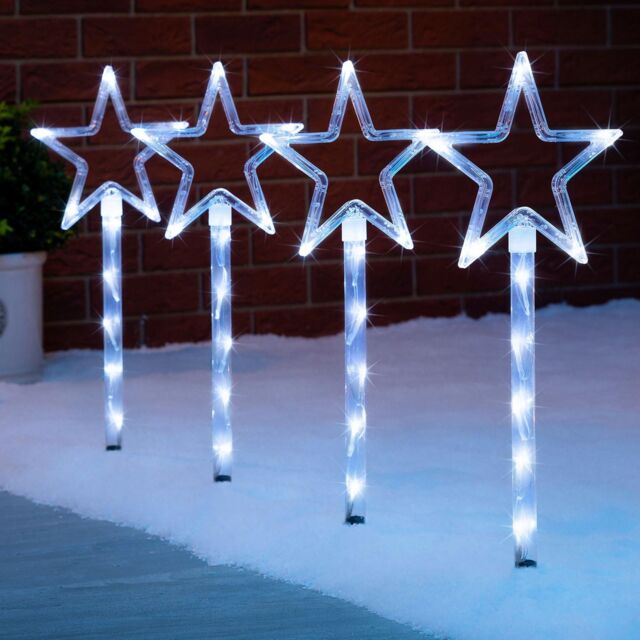 Christow Christmas Path Lights Set Outdoor Star Decorations Flashing LED 4 x 44cm in White - Size: 4 x 44 cm - image 1