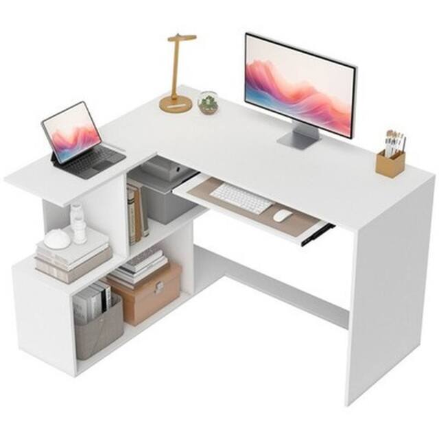 NESTLUNE L-Shaped Corner Desk with Keyboard Tray & Open Shelves in White - Size: 100 cm x 60 cm - image 1