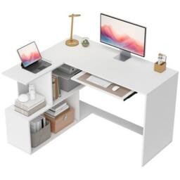 NESTLUNE L-Shaped Corner Desk with Keyboard Tray & Open Shelves in White - Size: 100 cm x 60 cm