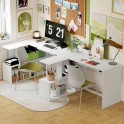 NESTLUNE L-Shaped Corner Desk with Keyboard Tray & Open Shelves in White - Size: 100 cm x 60 cm - thumbnail 4