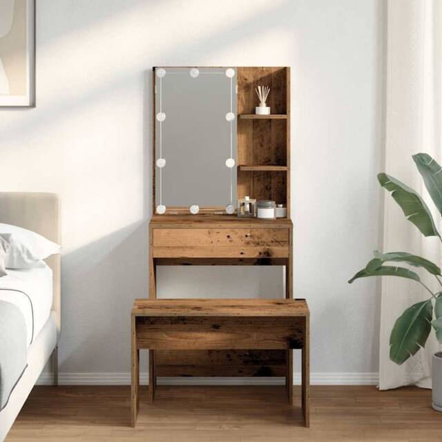 Berkfield Home Beautiful Dressing Table Set with LED Old Wood Engineered Wood in Brown - image 1