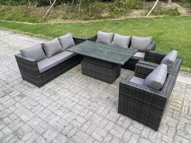 Fimous Outdoor Rattan Garden Furniture Height Adjustable Rising Lifting Table Sets Lounge Chairs 8 Seater in Dark Grey - image 1