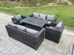 Fimous Outdoor Rattan Garden Furniture Height Adjustable Rising Lifting Table Sets Lounge Chairs 8 Seater in Dark Grey - thumbnail 2